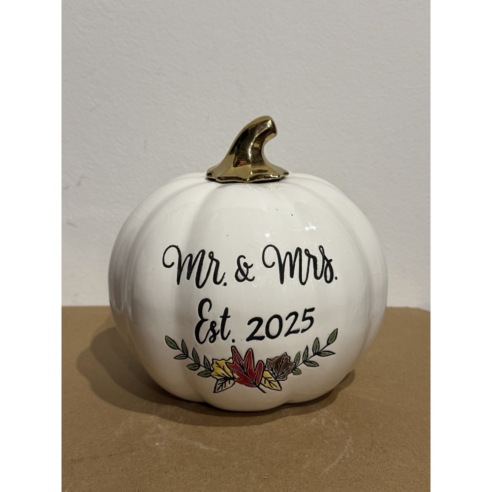 Martha Stewart Mr. & Mrs. EST 2025 Ceramic Pumpkin White Gold Fall Wedding Decor
